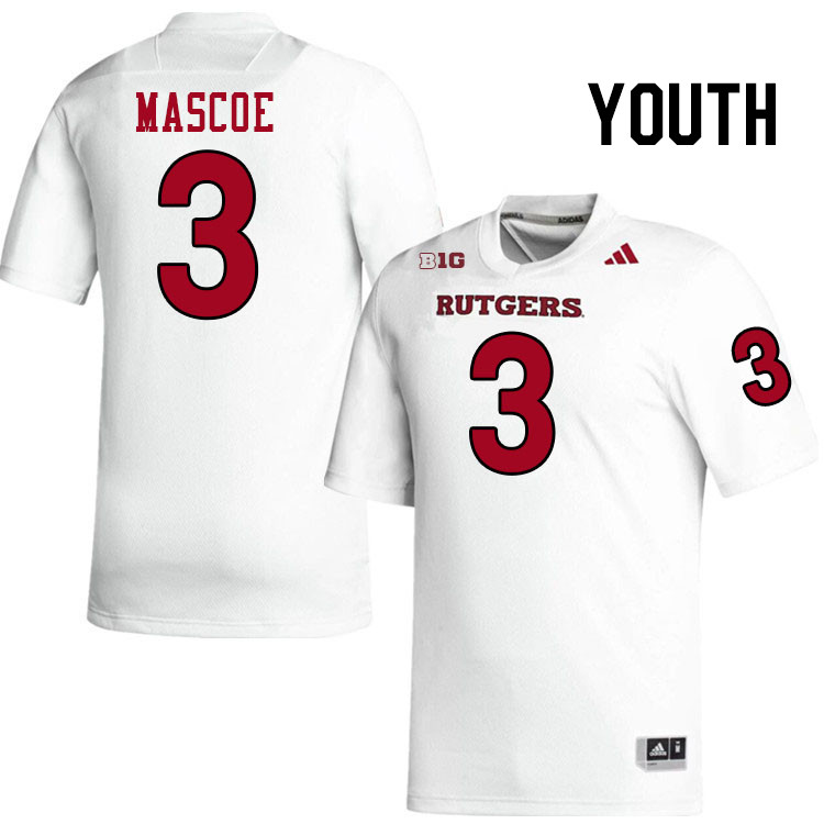 Youth #3 Bo Mascoe Rutgers Scarlet Knights 2024 College Football Jerseys Stitched-White